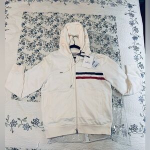 Moncler Cream Hooded Jacket with Red and Blue Stripes